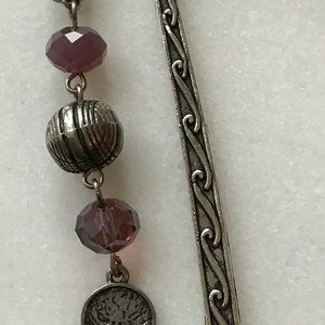 Tibetan Metal Bookmark Celtic Engraved Silver and Purple Beaded Hook Bookmark